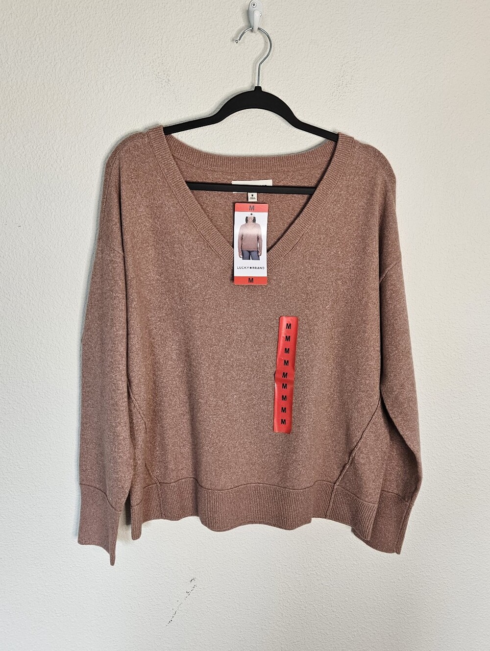 NWT Lucky Brand V-neck Sweater Exposed Seams Cognac M